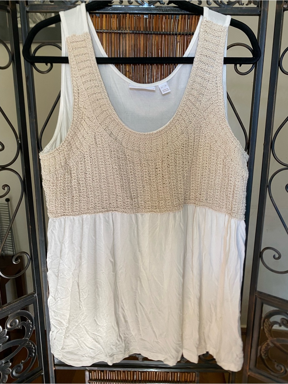 Susan Graver Beige Knit-Panel White Tank Top